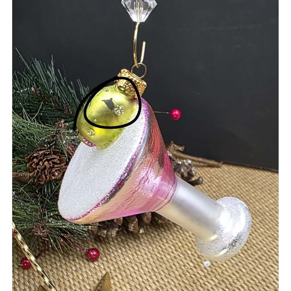 Pink Martini Glass‎ with Olive Blown Glass Christmas Ornament New Year's Theme